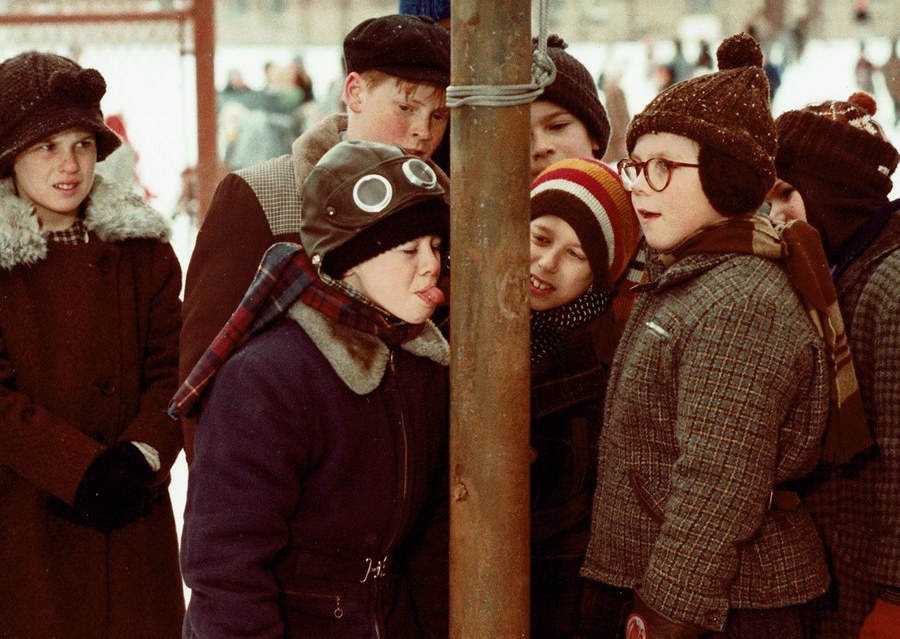 Scene from "A Christmas Story", in which a boy licks an icy metal pole.