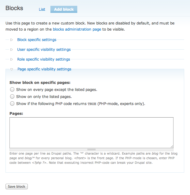 Drupal Core's &quot;Page specific visibility settings&quot; for Blocks